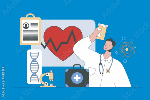 Medical concept in modern flat design for web. Doctor consulting patient and diagnosis, makes cardiologist prescription with medicines. Vector illustration for social media banner, marketing material.