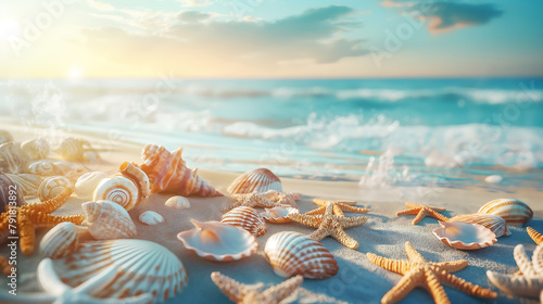Sea shells and starfish on the beach and sea view. Summer holiday vibes, Sunny tropical beach with ocean