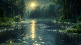 Bask in the ethereal beauty of a moonlit riverbank, where silvery waters flow serenely between mossy banks adorned with delicate ferns and trailing vines, 