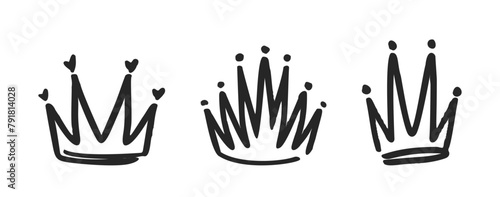 Doodle Crowns, Comical Hand-drawn Diadems, Tiaras, And Regal Headpieces. Monochrome Vector Sketchy Elements