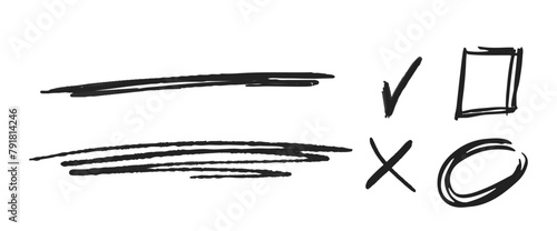 Manuscript Marks, Doodle Tick, Cross, Square and Circle, Strikethrough Underlines. Monochrome Vector Hand Drawn Signs