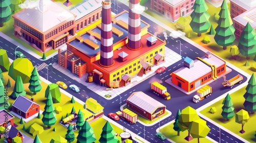 The factory banner contains an isometric rendering of the exterior of a modern industry building  power station or factory. Modern landing page with forklifts  chimney pipes  warehouses and potholes.