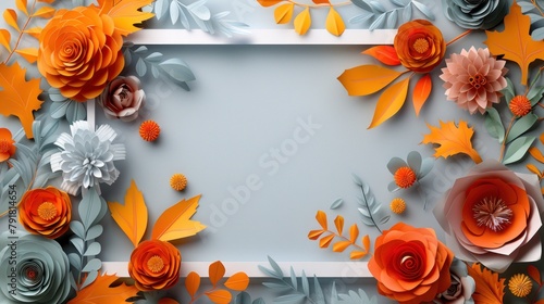 The celebration of autumn can be summed up by a white paper frame filled with colorful paper pumpkins, flowers, and leaves. photo
