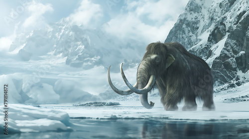 A woolly mammoth with curved tusks, Extinct prehistoric mammal walking with frozen mountain landscape on the background 