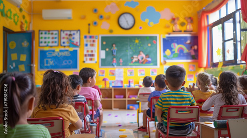 Children sitting on chairs facing a colorful classroom wall with educational materials, learning attentively. photo