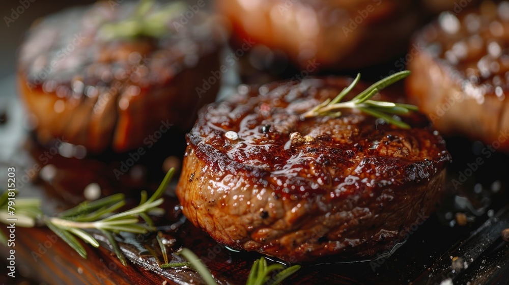 A juicy and tender steak, cooked to perfection, with a delicious rosemary and garlic butter sauce. A juicy and tender steak, cooked to perfection, with a delicious rosemary and garlic butter sauce.