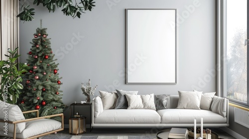 Living room wall Frame poster mockup. Interior mockup with house background. Modern interior design with Christmas tree decoration