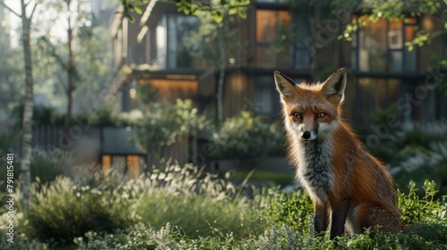 A red fox sits in a green field  looking at the camera. There are trees and buildings in the background.