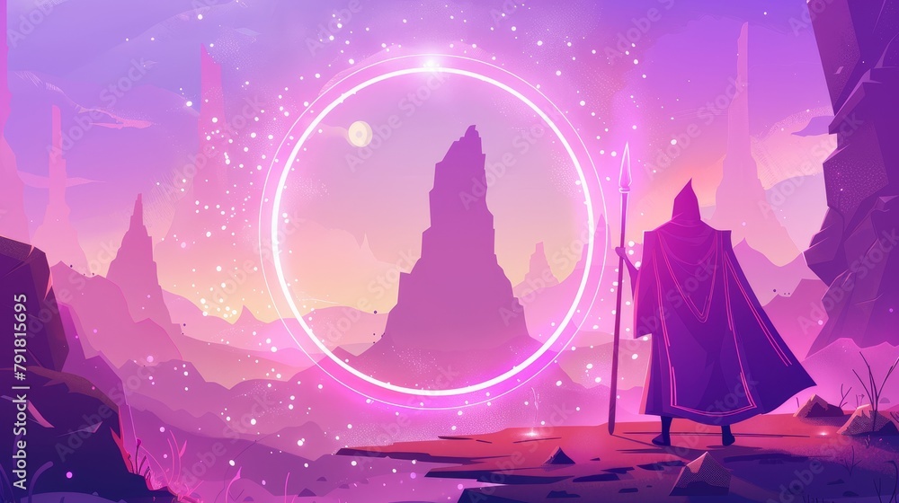 In a stone frame with a colorful pink glow over the abyss, a wizard walks towards a magic portal at sunrise. This cartoon fantasy illustration shows a medieval knight with spear and ancient arch and