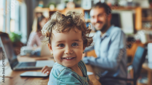 Toddler with curly hair smiling at the camera, with an adult working on a laptop in the background at home.