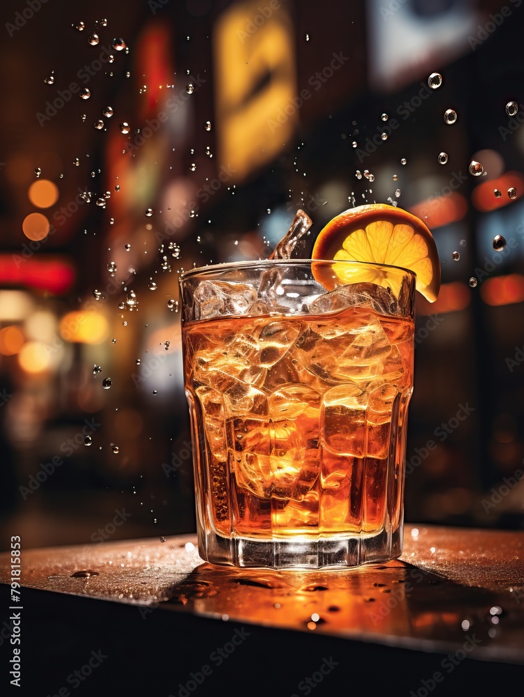 A glass of iced tea with a lemon slice on a bar with water splashing around it. - obrazy, fototapety, plakaty 