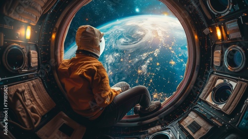 An astronaut sits in a spaceship and looks out of the window at the Earth.