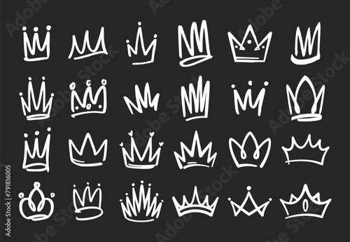 Doodle Crowns Collection. White Vector Quirky, Hand-drawn Diadems, Tiaras, And Royal Headwear For Creative Projects