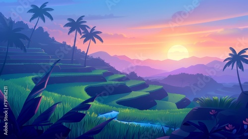 Green paddy terraces at sunset. Modern cartoon illustration of summer landscape with crop plantation on hills at night. Asian terraced farmlands, sun, and palm trees silhouettes.