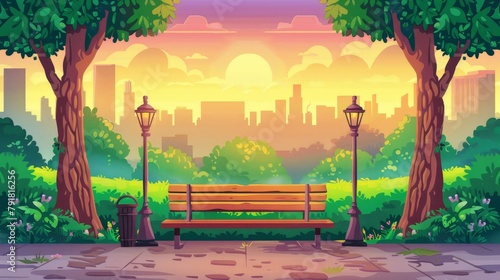 Park bench, city view sunset backdrop, empty public space for walking and recreation with green trees, litter bins, and street lamps. Cartoon modern illustration of urban garden.