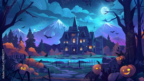 The illustration of a spooky Halloween scene includes a scary house, pumpkins, ghosts, and bats. An animated night landscape with a broken haunted cottage, black trees, mountains, and a lake is shown