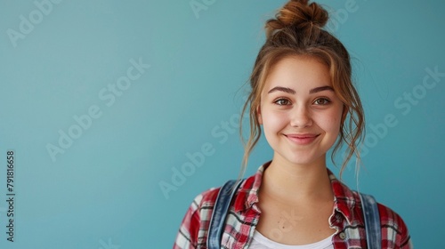 Cheerful overweight young lady on scales, beaming smile, isolated on pale blue, eyelevel camera, bright lighting photo