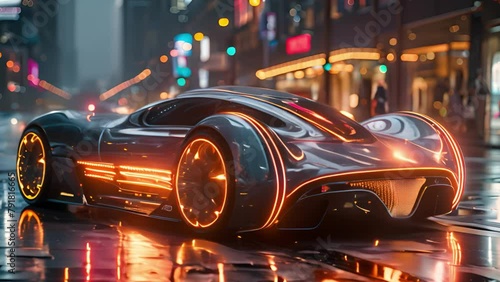 Sleek futuristic car driving on a bustling city street at night. photo