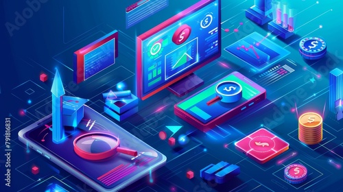 An isometric landing page for marketing strategy. Business concept with a computer desktop and smartphone, data analysis graphs, magnifying glass, coins and target with arrow, 3D modern banner.