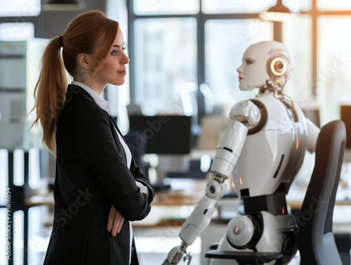 A female company employee is talking with a robot sitting in the office, a view of day life with machines in the future