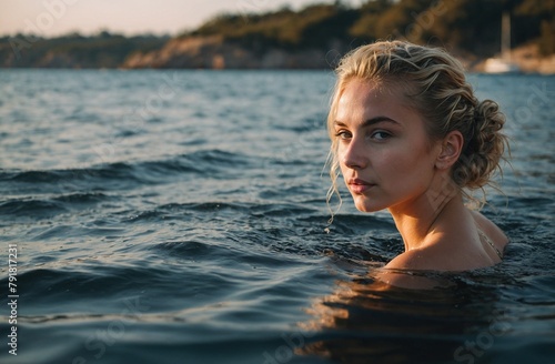 woman up to her neck swimming in Lake Michigan