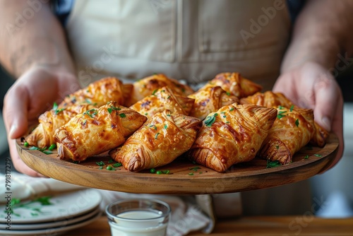 Chef holds a baking sheet with freshlybaked buns or pies  on the background of a bread factory or bakery photo