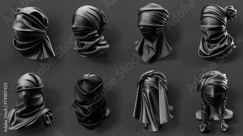 The 3D mockup includes headwear that includes a scarf or bandana, turban, kerchiefs, hats, clipart, realistic modern illustration, and headbands. photo