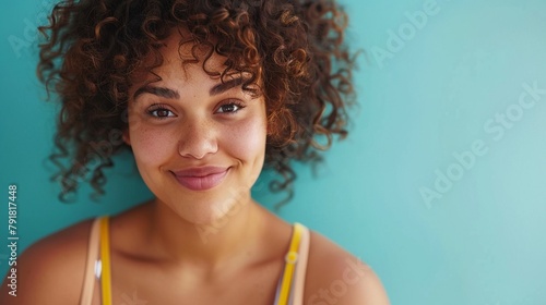 Happy, heavyset young female on scales, light blue background, vibrant color scheme, direct gaze, medium closeup photo
