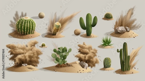 The brown dust clouds and tumbleweed, dry weed balls are isolated on a gray background. Modern realistic set of flow sand, green desert plants and rolling dry bushes, old tumble grass in the prairie. photo