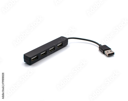 Black USB hub on a white background. USB adapter.