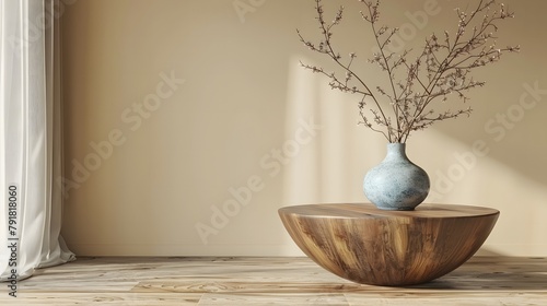 vase on round wooden coffee table gainst blank beige wall  photo