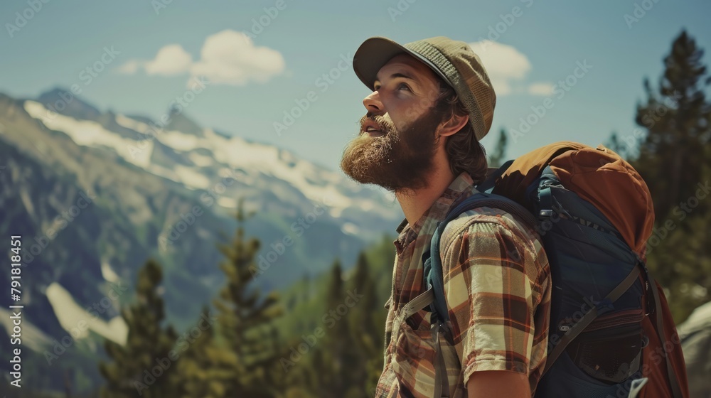 A man with a beard and a hat is standing on a mountain with a backpack