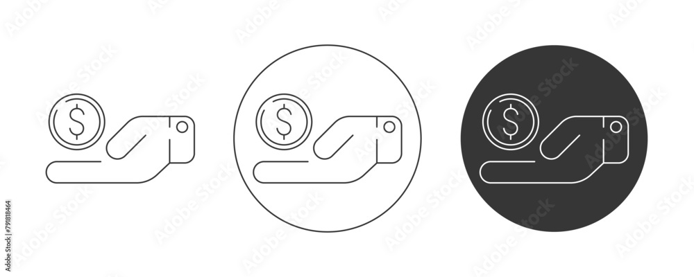Naklejka premium Hand silhouette, coin with dollar sign, vector icon set, editable stroke. Flat line, pictogram. Finance and business concept. For app, website, ui. Isolated background.