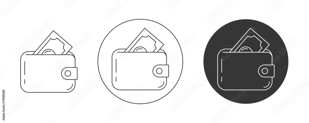 Wallet with cash, vector icon set, editable stroke. Purse with money dollar banknote, flat line, pictogram. Finance and business concept. For app, website, ui. Isolated background. Wallet with cash, vector icon set, editable stroke. Purse with money dollar banknote, flat line, pictogram. Finance and business concept. For app, website, ui. Isolated background.