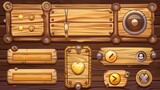 Brown wooden buttons for UI design in games, video players, or websites. Modern cartoon set of check boxes, stop, play, and pause buttons, along with login frame.