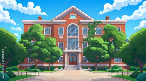 Cartoon illustration of a classic university campus, library or high school building with arched entrances, windows, and a fenced balcony. photo