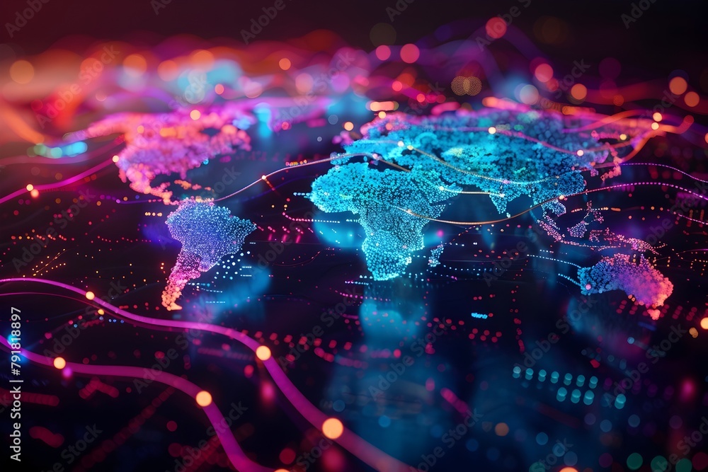 Futuristic Neon Visualization of Global Interconnected Network and Geopolitical Landscape