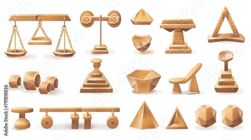 A set of seesaws, metal swings, teeter-totters, and balanced and unbalanced teeterboards with circular and triangular bases. Realistic modern illustration of a weightiness scale. photo