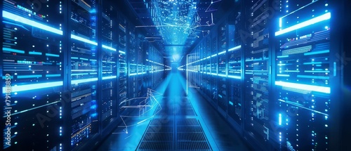 An Image of a Working Data Center Corridor With Rack Servers and Supercomputers and a Blue Neon Visualization of Data Transmission over the Internet At High Speed.