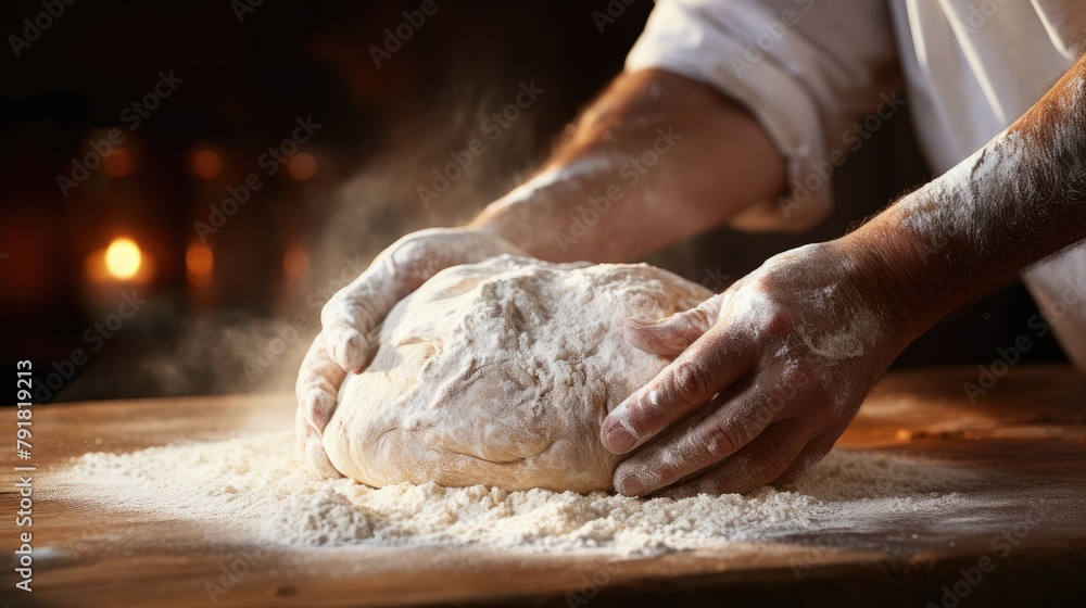 Male hands preparing dough for bread or other pastry closeup. Making dough by male hands on wooden table background