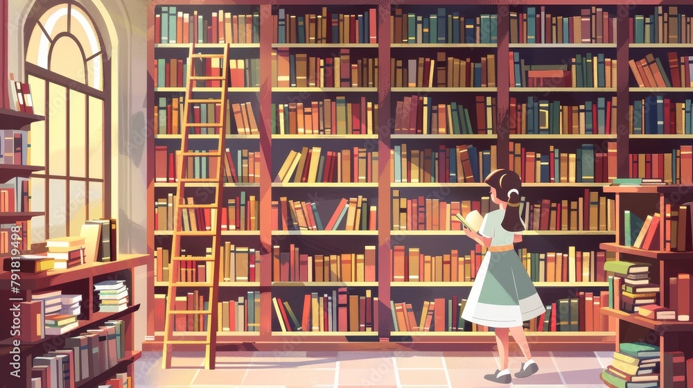 A girl chooses books for reading on shelves in a school or public athenaeum. The scene depicts a brightly lit room with a ladder and librarian's desk, a child searching literature.