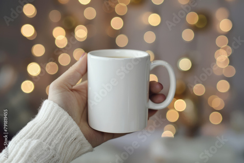 Girl is holding white mug in hands. Blank ceramic cup. Cozy and boho environment with blur lights behind.
