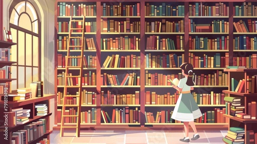 A girl chooses books for reading on shelves in a school or public athenaeum. The scene depicts a brightly lit room with a ladder and librarian's desk, a child searching literature. photo