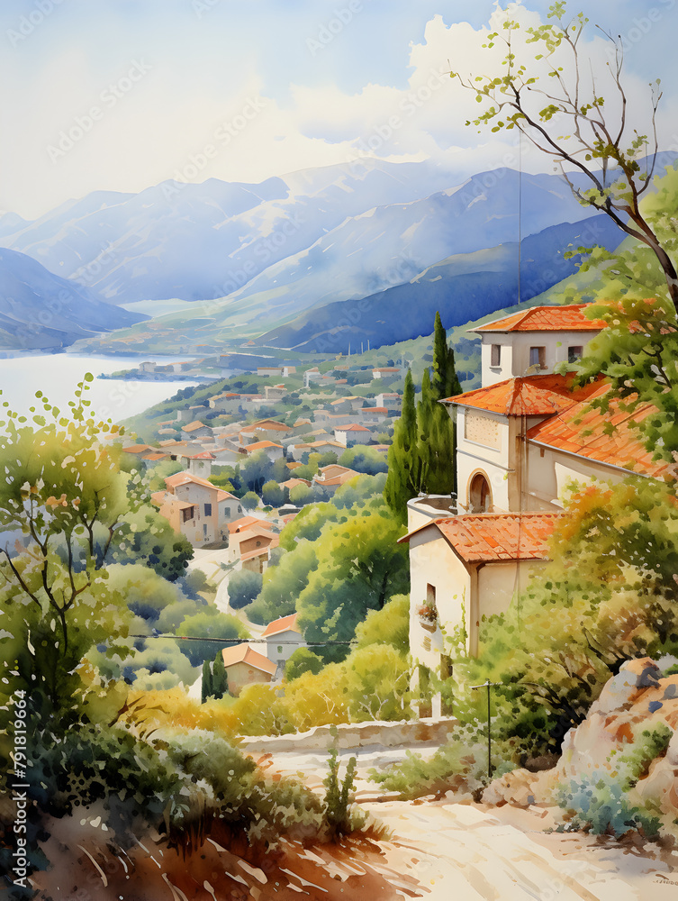 Watercolor illustration of small village and landscape 