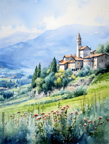 Watercolor illustration of Italian rural landscape with small village 