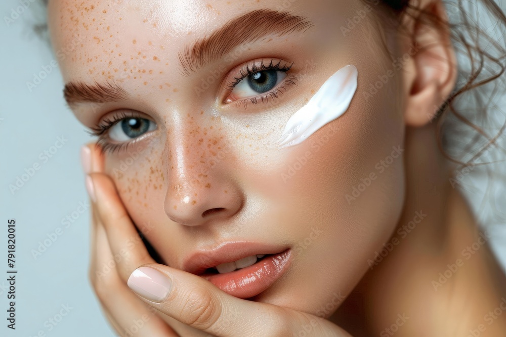A fresh-faced woman caresses her cheek, showcasing a swipe of moisturizer. A fresh-faced woman caresses her cheek, showcasing a swipe of moisturizer.