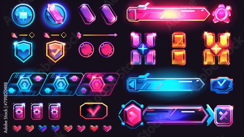 In this sci fi game design set you will find buttons, frames, menus, and assets for the user interface. A modern cartoon set of futuristic game UI elements can be found here, as well as bars of photo