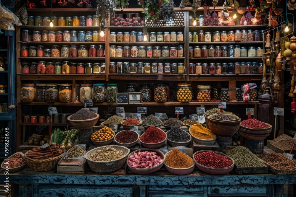 A vibrant store brimming with a diverse array of spices from around the world, creating a colorful and aromatic display.