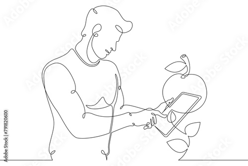 One continuous line.Augmented reality. Agronomist bioengineer using a tablet examines a plant. AR recognition and object scanning. Continuous line drawing.Line Art isolated white background.