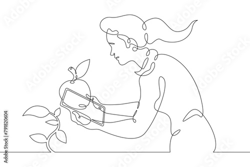 One continuous line.Augmented reality. Agronomist bioengineer using a tablet examines a plant. AR recognition and object scanning. Continuous line drawing.Line Art isolated white background.